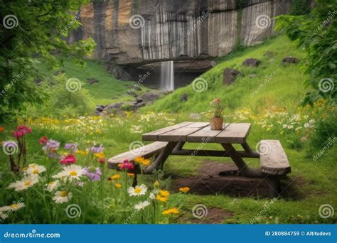 A Rustic Picnic Table Surrounded By Blooming Wildflowers And A