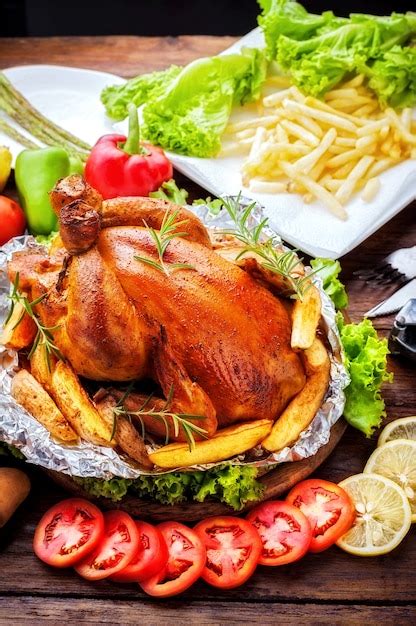 Pollo Asado Entero Con Papas Fritas Y Verduras En El Fondo De La Tabla