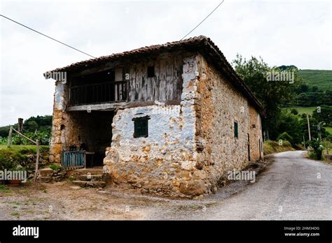 traditional farm building   valley  asturias spain stock photo