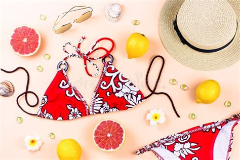 Bikini Swimsuit With Straw Hat Flowers And Fruits Flat Design Summer