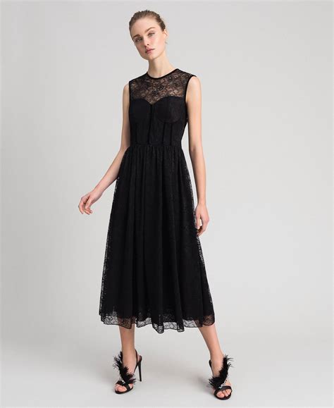 Abito Lungo In Pizzo Stretch E Tulle Donna Nero TWINSET Milano