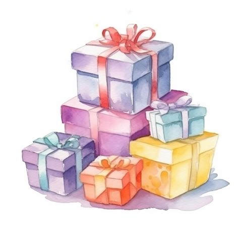 Premium Photo A Watercolor Illustration Of A Stack Of Colorful Gift