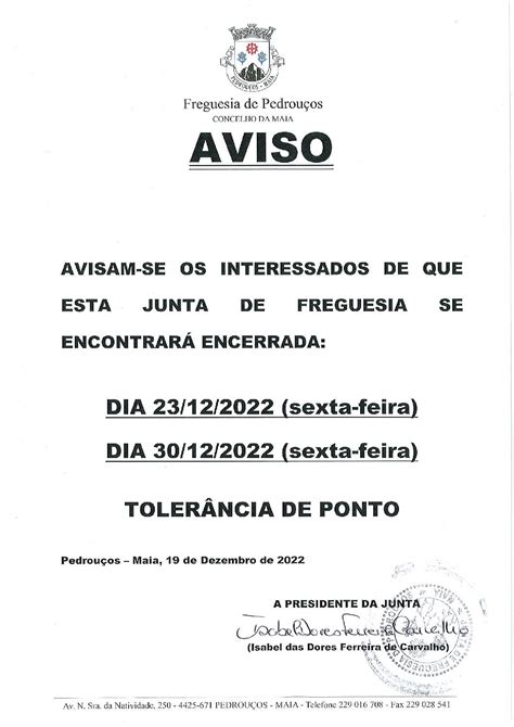 Aviso Tolerância de Ponto Junta de Freguesia Pedrouços