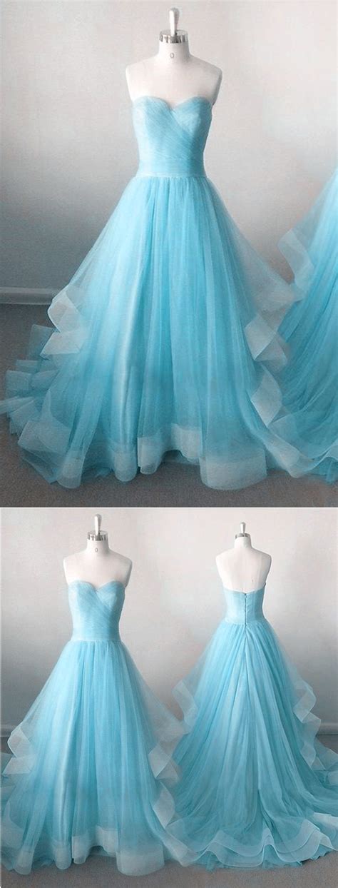 Strapless Ice Blue Tulle Sweetheart Neckline Long Prom Dress Long