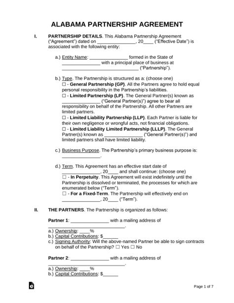 Free Alabama Partnership Agreement Template Pdf Word Eforms