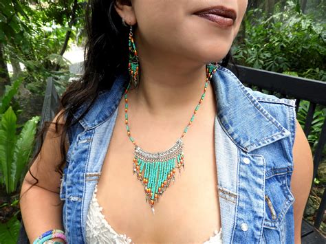 Native Inspired Long Beaded Fringe Dangle Jewelry Set Mia Jewel Shop