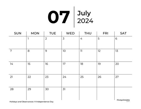 Free Printable And Fillable July Calendar 2024