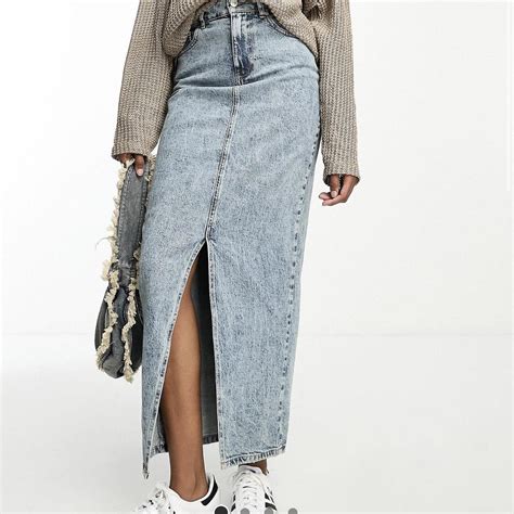 ASOS DESIGN Tall Denim Midi Skirt With Split Hem In Depop