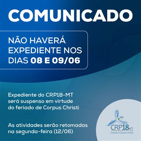 Expediente do CRP18 MT será suspenso em virtude do feriado de Corpus