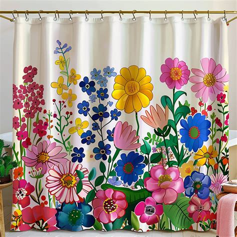 Risograph Floral Shower Curtain Vibrant Colorful Blooms on White