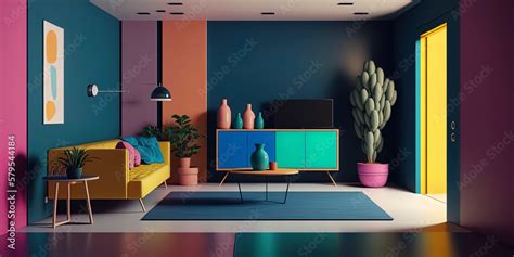 Render of minimalist living room interior with vivid color scheme AI ...