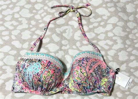 Shade Shore Halter Bikini Top 36C Colorful Crochet Trim Gold Bright Cheerful EBay