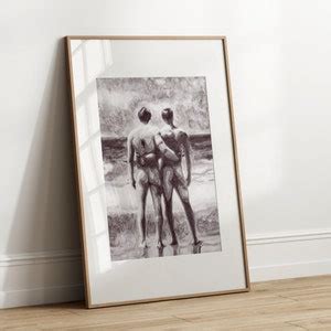 Sensual Gay Art Print Nude Male Couple On Beach LGBTQ Wall Decor Romantic Same Sex Art