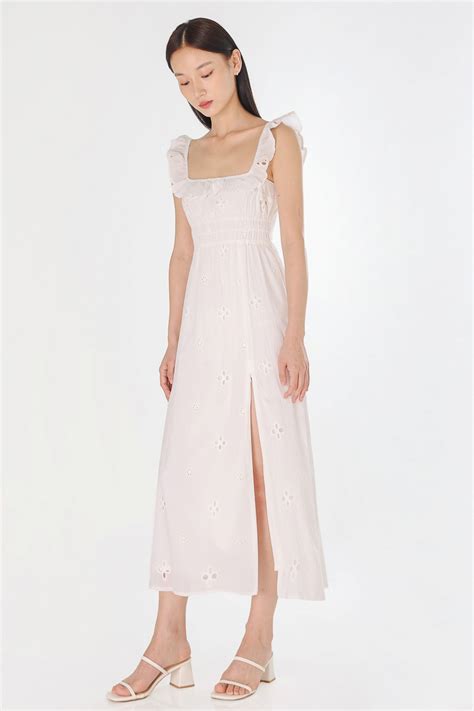 Pandora Padded Eyelet Ruffle Ruched Slit Midaxi Dress White Lovet