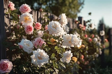 Premium AI Image | pink and white roses on garden fence