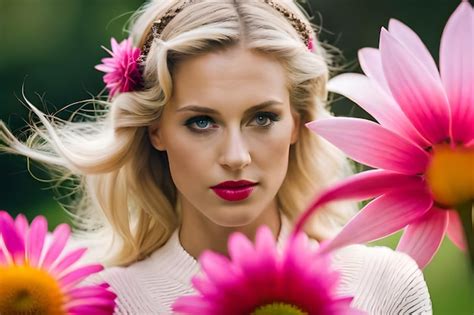 Premium AI Image Blonde Woman With Flowers In Her Hair With A Pink Background