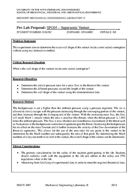 Pre-Lab Proposal: SPG05 – Supersonic Venturi - UNIVERSITY OF THE