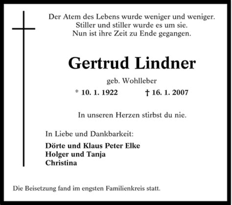 Traueranzeigen Von Gertrud Lindner Trauer In NRW De