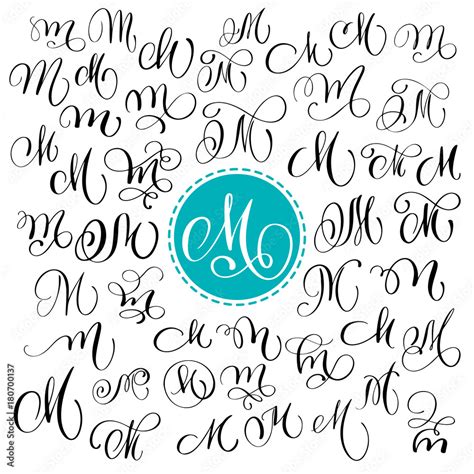 Set Of Hand Drawn Vector Calligraphy Letter M Script Font Isolated