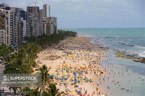 View of the crowded beach from Recife Palace Hotel, Recife, Pernambuco ...