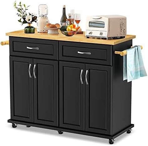 Kitchen Island Cart On Wheels With Cabinet Rubberwood Countertop