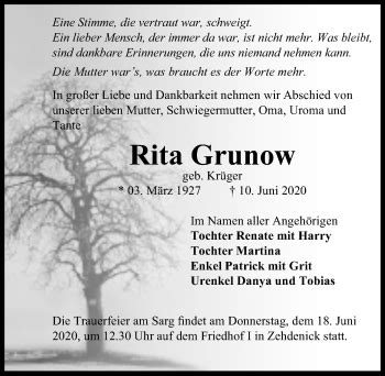 Traueranzeigen Von Rita Grunow Trauer Anzeigen De