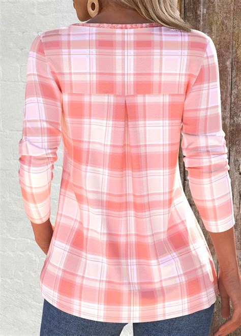 Plaid Tuck Stitch Dusty Pink Long Sleeve T Shirt Rosewe USD 29 98