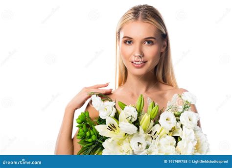 Naked Woman With Flowers On White Stock Photo Image Of Flora Girl 197989758