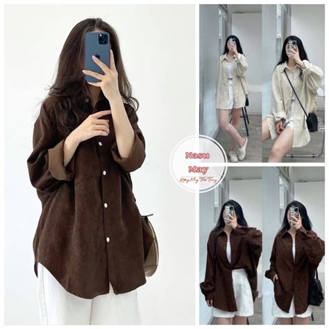 Áo Sơ Mi Chất Nhung Tăm Nam Nữ Form Rộng Nâu Be Siêu Hot Shopee Việt Nam