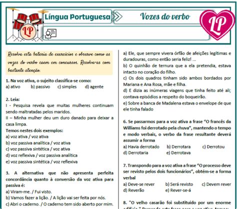 Vozes do verbo Bateria de exercícios Lição Prática