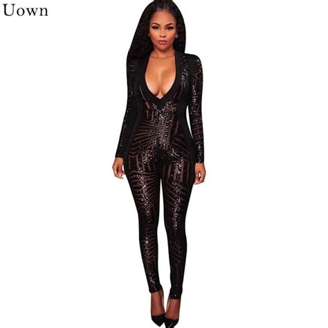 Doyerl Autumn Women Black Sequin Jumpsuit Sexy V Neck Mesh Sheer Sparkly Bodysuit Glitter Long