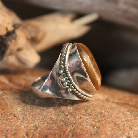 Sterling Mexico Large Tigers Eye Ring Mens Ring Heavy Grams Size