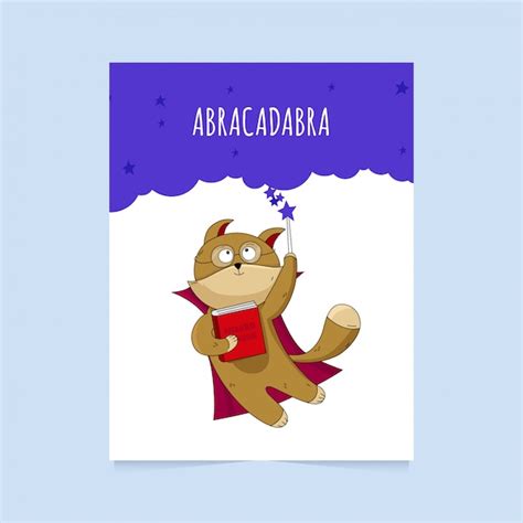 Tarjeta Con Lindo Gato De Dibujos Animados Personaje Mago Con Varita