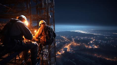 Fotografia De Retrato De Eletricista Duas Pessoas Trabalhando Em Altura