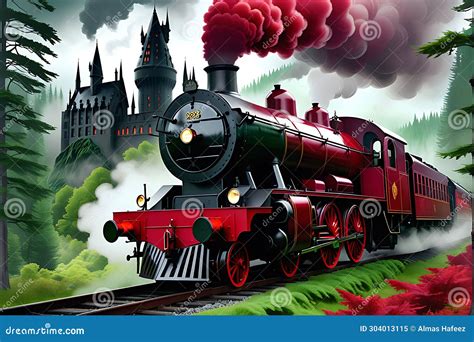 Hogwarts Express Steam Train Emerging From A Misty Forest Vivid Reds