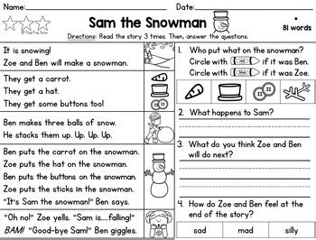 Differentiated Reading Passages And Questions Winter 1st Grade TpT