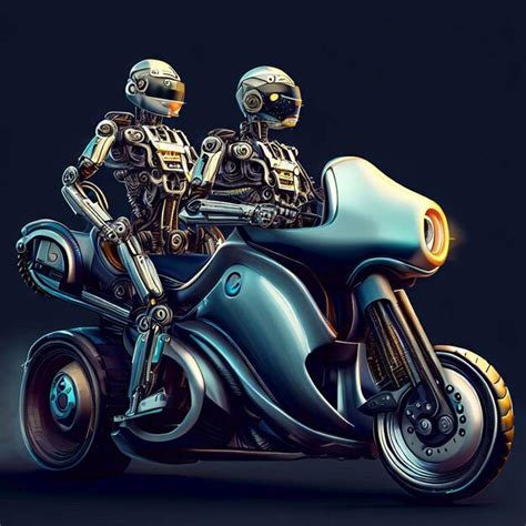 Two Artificial Intelligence Robots Riding A Motorcycle Premium Ai