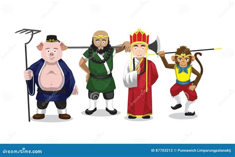 Journey To The West Characters With Line Art Color Style On Background ...