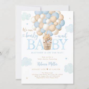 Teddy Bear Hot Air Balloon Blue Boy Baby Shower Invitation Zazzle