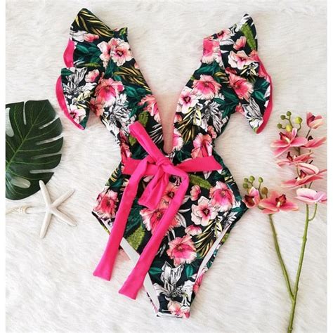 Print Swimwear Deep V Neck Ruffle Swimsuit Push Up One Piece