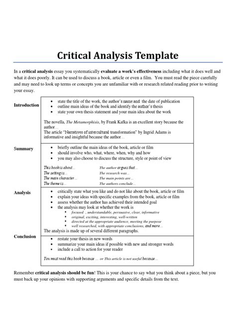 Critical Analysis Templatepdf Critical Thinking Essays