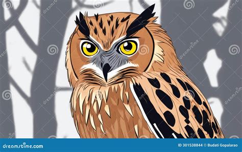 A Cartoon Drawing Of An Owl With Yellow Eyes Stock Illustration