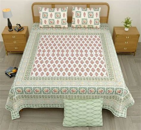 Multicolor Sanganeri Print Cotton Double Bed Sheet King Size For