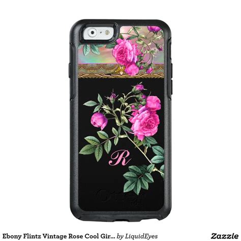 an iphone case with pink roses on black and gold border, the letter p is surrounded by green leaves