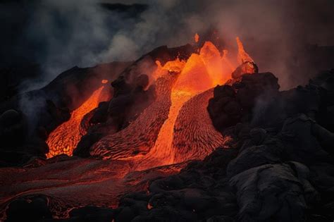 Premium AI Image | Closeup of volcanic eruption with streams of lava ...