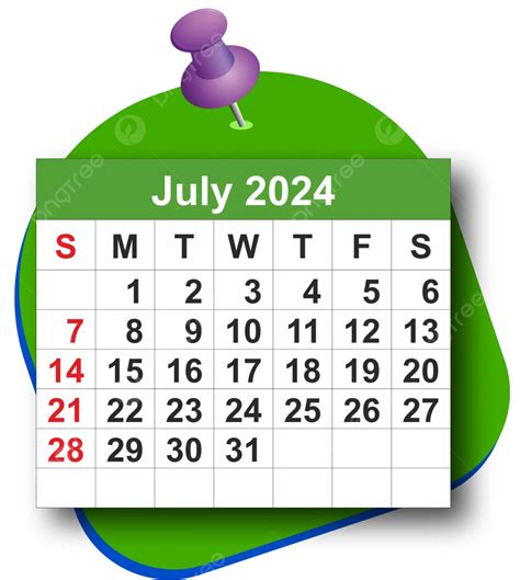 Julho De 2024 Calendário Mensal Design Ai Vector Png Julho De 2024