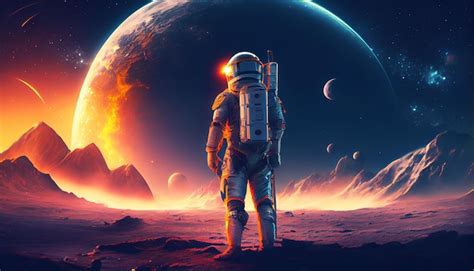 Premium Photo Astronaut Looking At Colorful Sunset At Alien Planet