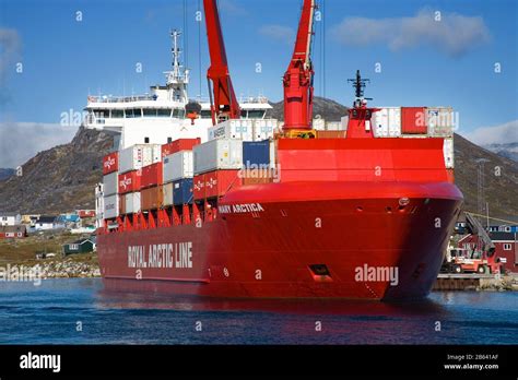 Container Ship Unloading At Nanortalik Port Island Of Qoornoq