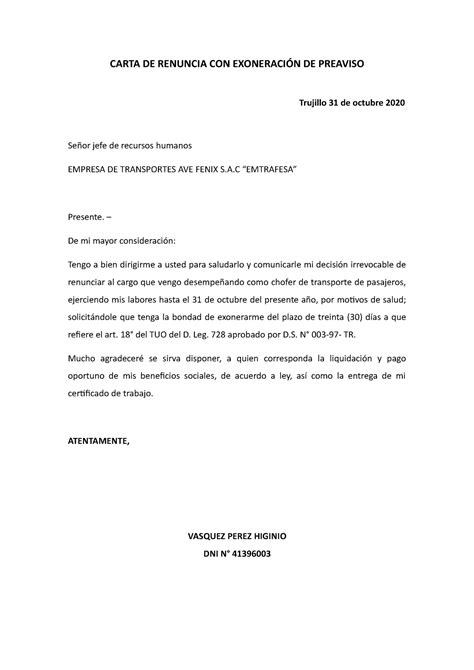 Carta De Renuncia V Carta De Renuncia Con Exoneraci N De Preaviso