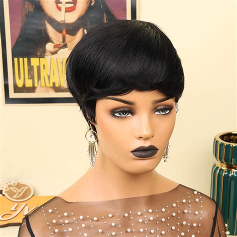 Amazon Yviann Short Black Pixie Cut Wig Human Hair Wig With Bangs